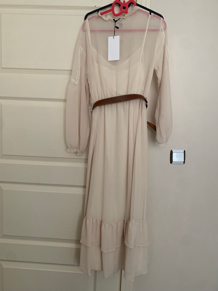 Bej Uzun Kollu Bohem Elbise - Görsel 5