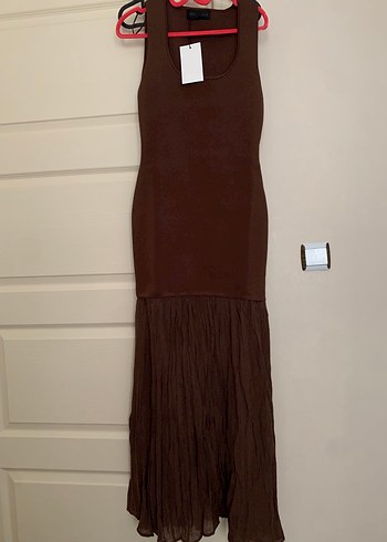 Kahverengi Pilili Uzun Kadın Elbise - Görsel 2