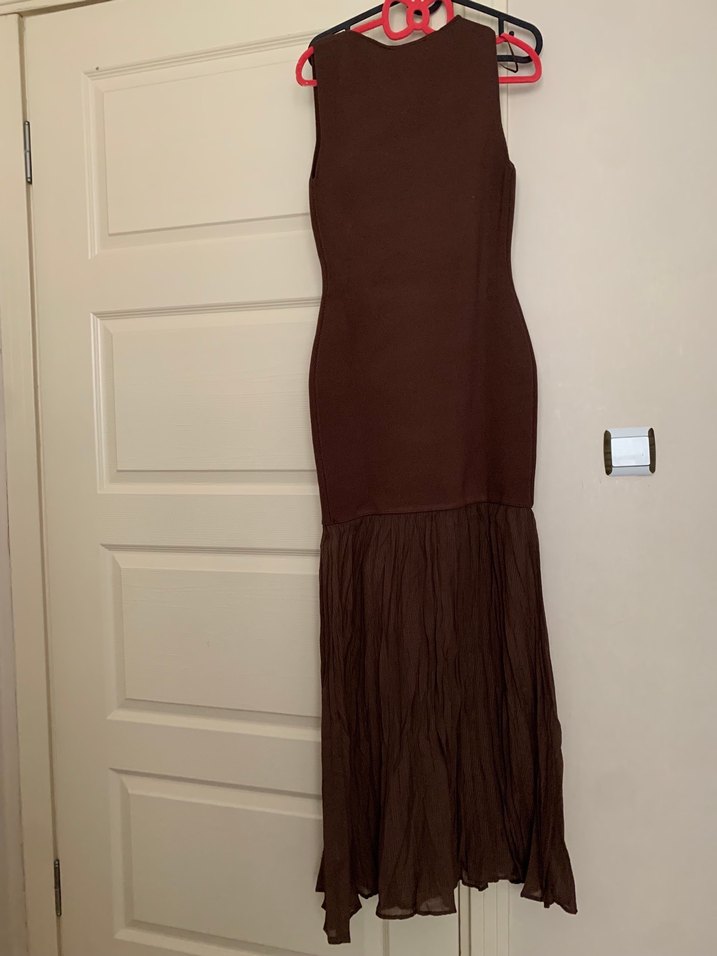 Kahverengi Pilili Uzun Kadın Elbise - Görsel 3