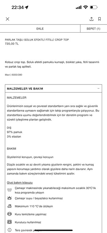 s Beden mavi Renk Zara Taşlı Soluk Efektli Crop Top