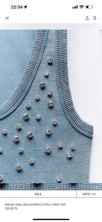 s Beden Zara Taşlı Soluk Efektli Crop Top