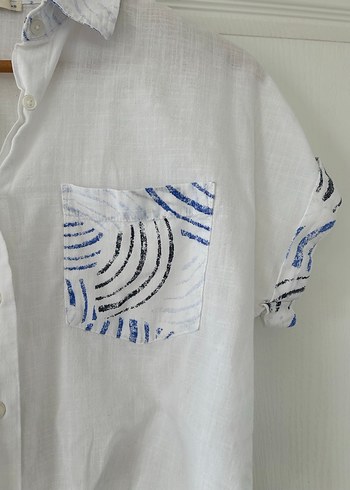 Colins Desenli Keten Kısa Kollu Crop Gömlek - Görsel 5