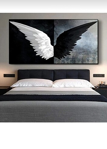 Siyah Beyaz Melek Kanadı Kanvas Tablo 50x100 cm 