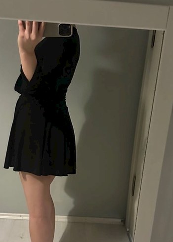 Siyah V Yakalı Uzun Kollu Mini Elbise - Görsel 2