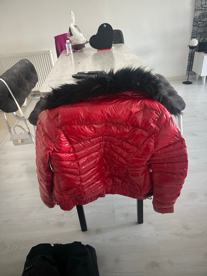 Kürklü Kırmızı Mini Kadın Kışlık Mont - Görsel 3