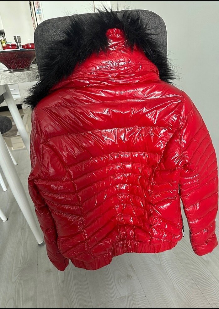 Kürklü Kırmızı Mini Kadın Kışlık Mont - Görsel 5