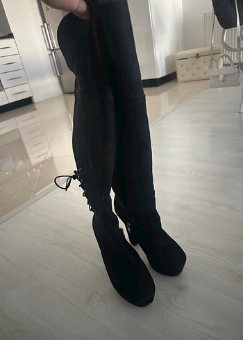 Siyah Süet Dizüstü Bağcıklı Stiletto Çizme - Görsel 4