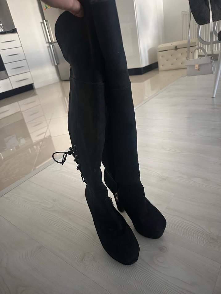 Siyah Süet Dizüstü Bağcıklı Stiletto Çizme - Görsel 4