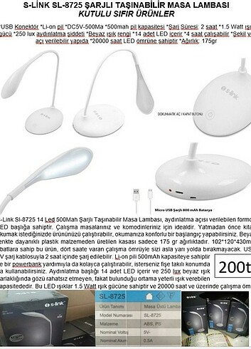 S-link LED şarjlı masa lambası sıfır kutulu 14 led