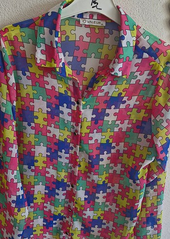 xl Beden Renkli Puzzle Desenli Bağlamalı Kadın Gömlek