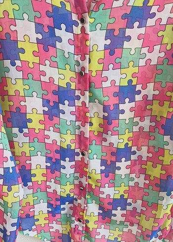 Diğer Renkli Puzzle Desenli Bağlamalı Kadın Gömlek