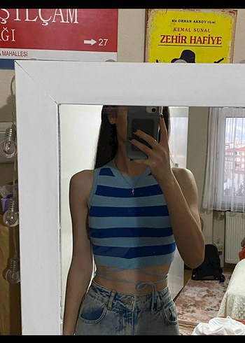 Diğer Mavi Halter Yaka Bağcıklı Crop Top
