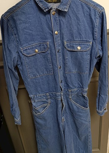 mavi Jean Düğmeli Denim Kadın Tulum - Görsel 3