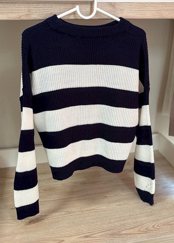 Kadın Siyah Beyaz Çizgili Triko Kazak - Görsel 3