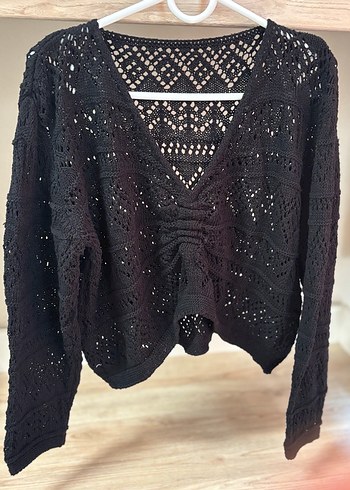 Siyah V Yaka Örgü Kadın Kazak - Görsel 3