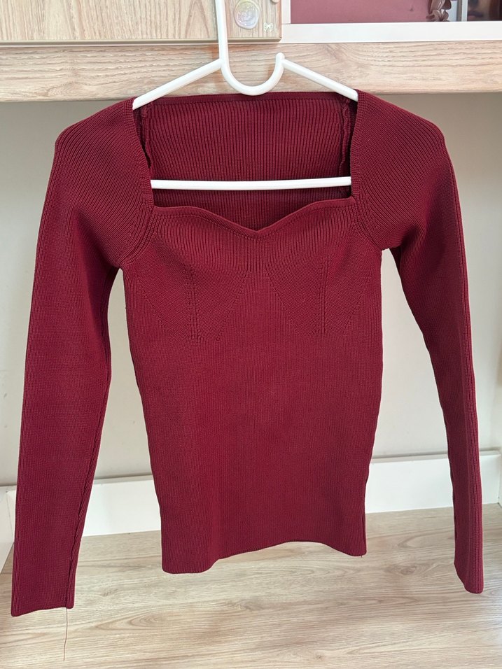 Bordo V Yaka Uzun Kollu Triko Kazak - Görsel 2