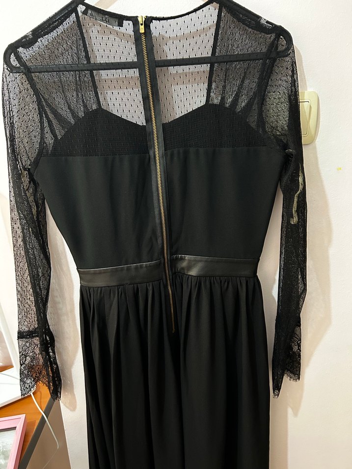 Siyah Pilili V Yakalı Straplez Midi Elbise - Görsel 3