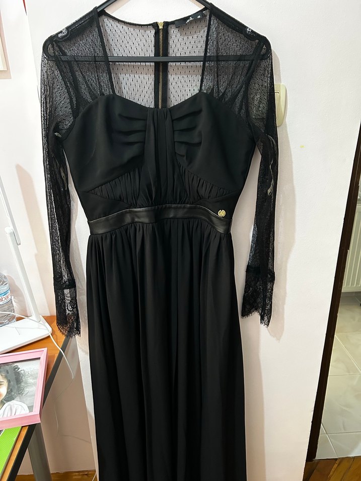 Siyah Pilili V Yakalı Straplez Midi Elbise - Görsel 2