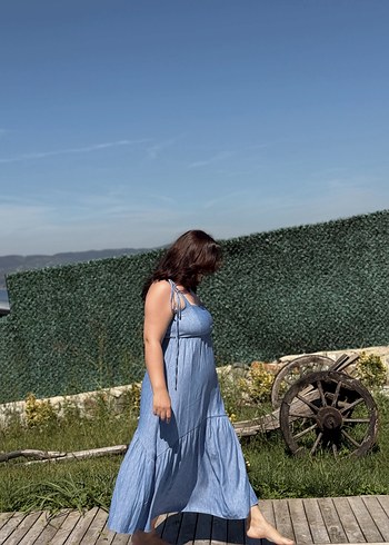 xl Beden Uzun İndigo Denim Askılı Elbise