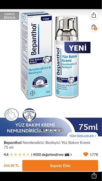 Bepanthol Yüz Bakım Kremi 75 ML * 2 adet