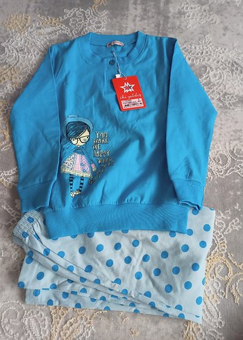 Kız Çocuk Uzun Kollu Mavi Pamuklu Pijama Takımı - Görsel 2