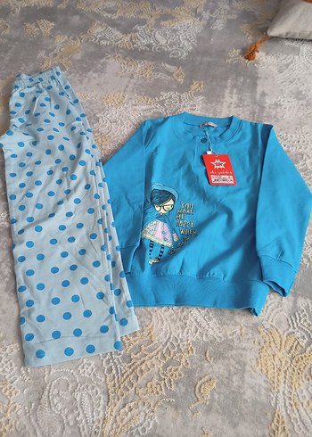 Kız Çocuk Uzun Kollu Mavi Pamuklu Pijama Takımı - Görsel 3