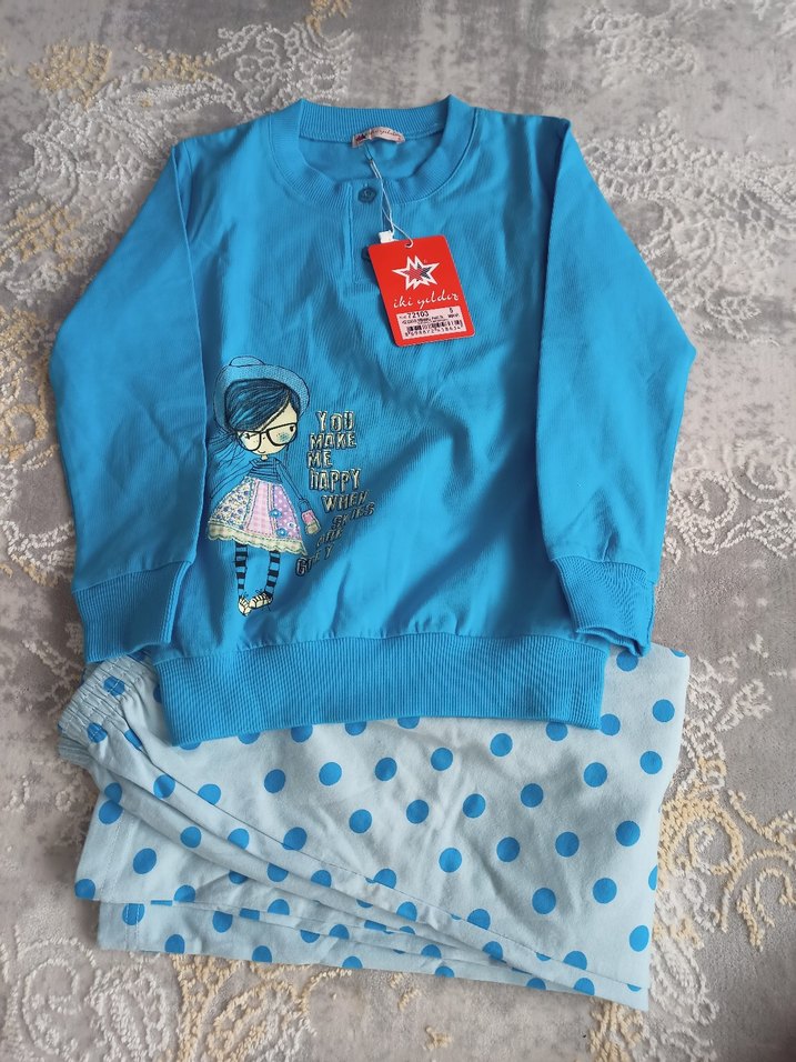 Kız Çocuk Uzun Kollu Mavi Pamuklu Pijama Takımı - Görsel 2