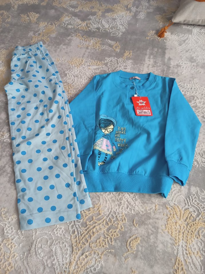 Kız Çocuk Uzun Kollu Mavi Pamuklu Pijama Takımı - Görsel 3