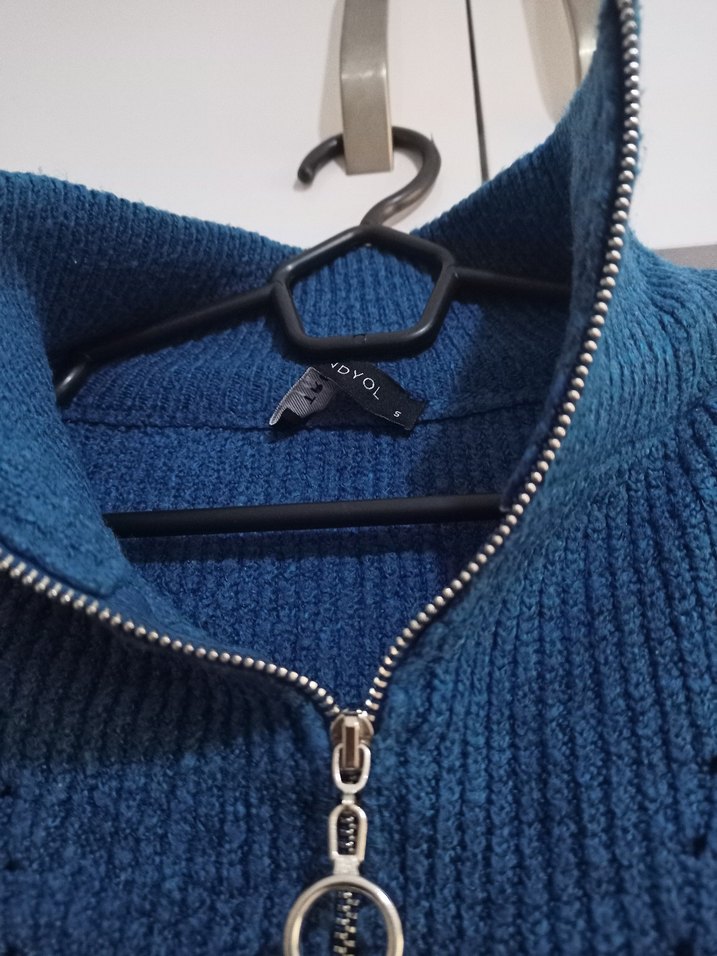 Kadın Mavi Yarım Fermuarlı Triko Kazak - Görsel 4