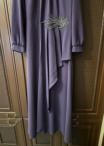 Mor Uzun Kollu İşlemeli Kadın Elbise - Görsel 2