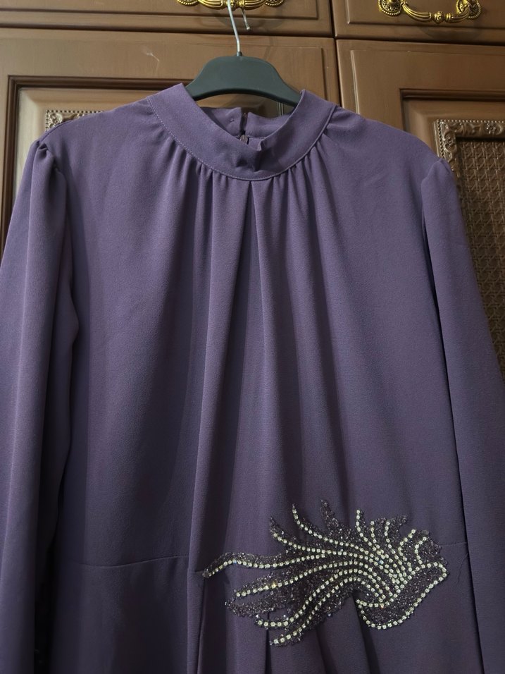 Mor Uzun Kollu İşlemeli Kadın Elbise - Görsel 5