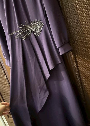 Mor Tesettür Drape İşlemeli Abiye Elbise - Görsel 7