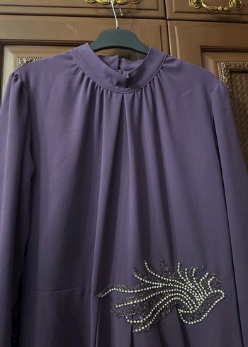 Mor Tesettür Drape İşlemeli Abiye Elbise - Görsel 6