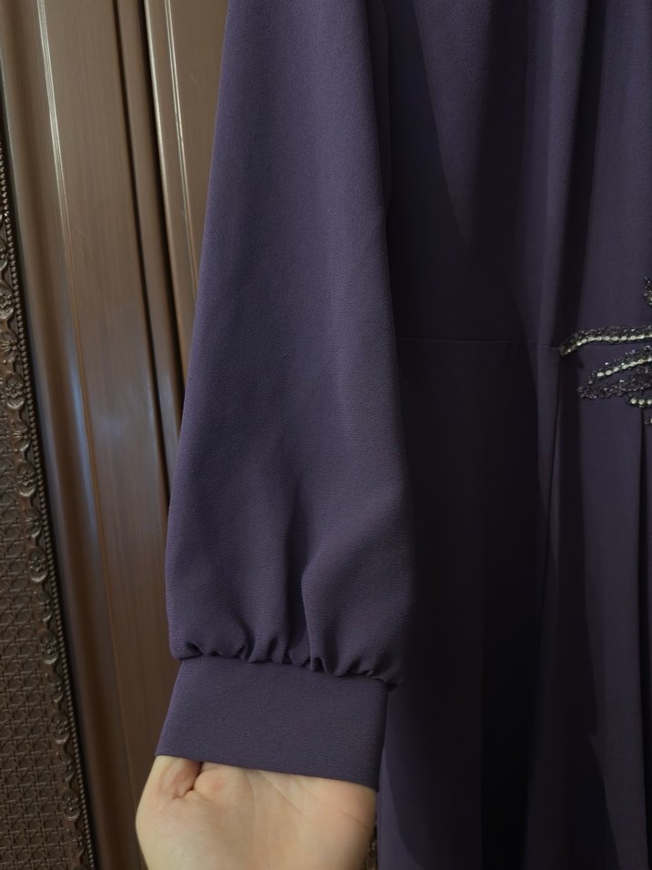 Mor Tesettür Drape İşlemeli Abiye Elbise - Görsel 5