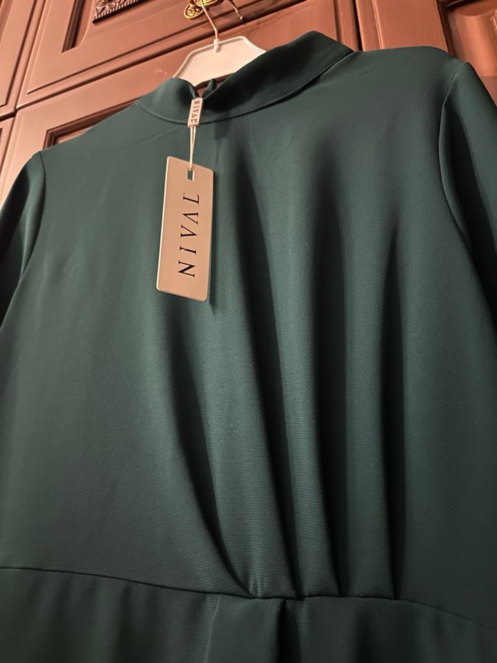 Koyu Yeşil Drapeli Tesettür Abiye - Görsel 5