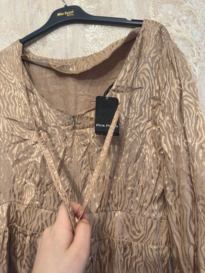 Bej Parlak Saten Kadın Giyim Tunik - Görsel 4