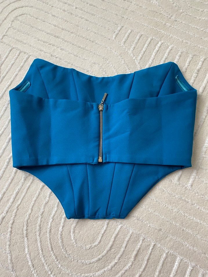 Mavi Korse Büstiyer, Strapsız, Pileli - Görsel 2