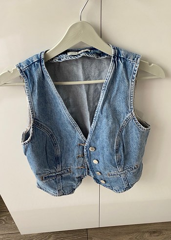 Kadın Mavi Denim V Yaka Kemerli Yelek - Görsel 2