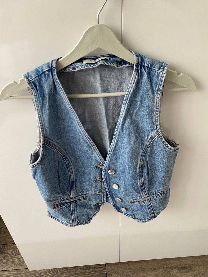 Kadın Mavi Denim V Yaka Kemerli Yelek - Görsel 2