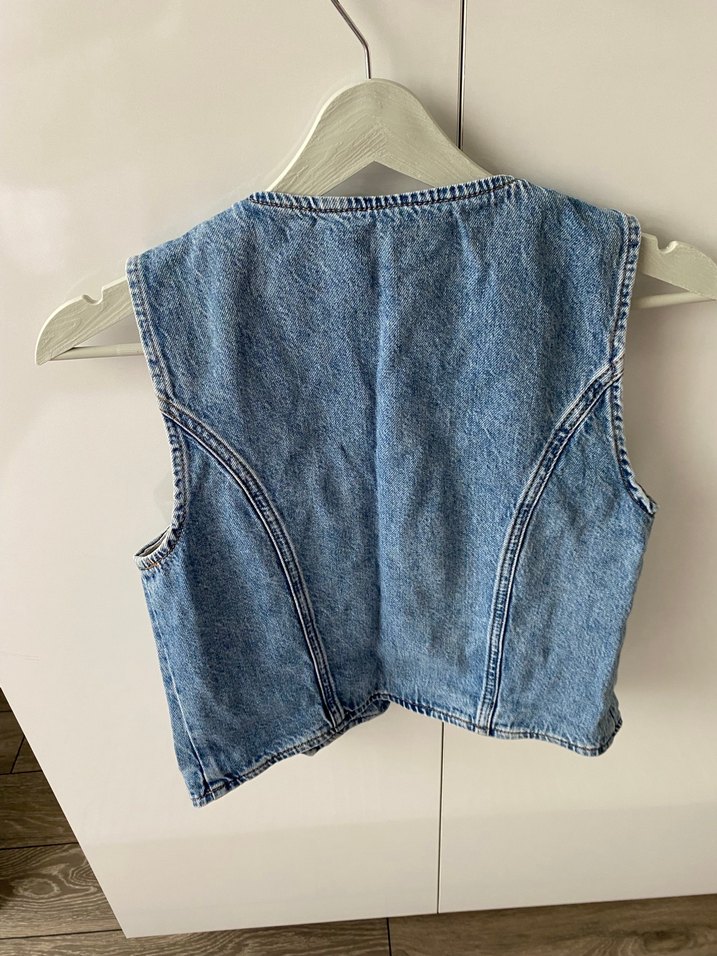 Kadın Mavi Denim V Yaka Kemerli Yelek - Görsel 3