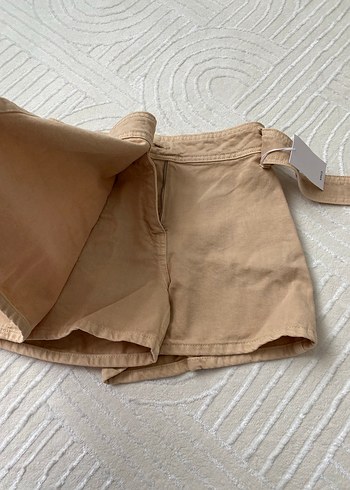Bej Kemerli Keten Mini Etek - Görsel 2