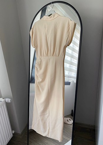 Bej Keten Drapeli V Yaka Uzun Elbise - Görsel 4
