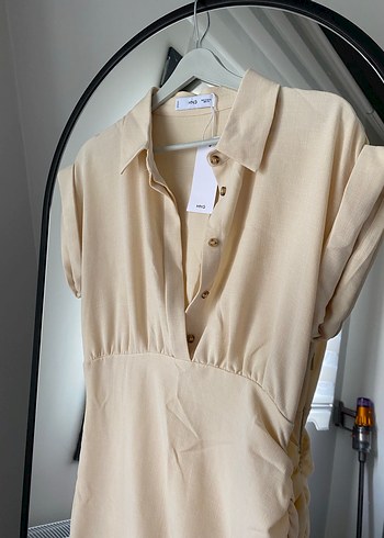 Bej Keten Drapeli V Yaka Uzun Elbise - Görsel 2