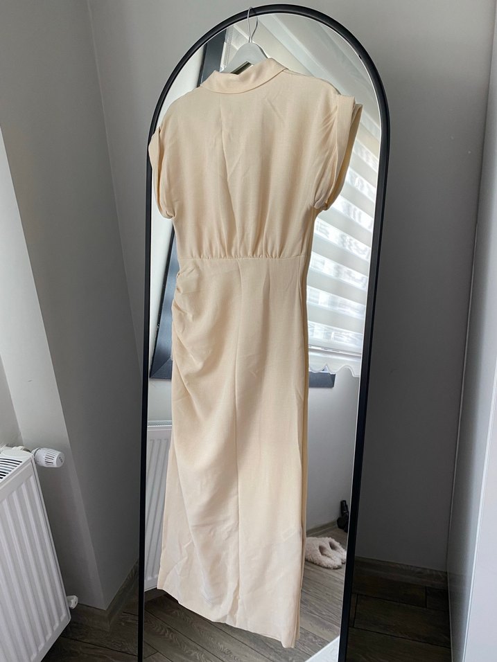 Bej Keten Drapeli V Yaka Uzun Elbise - Görsel 4