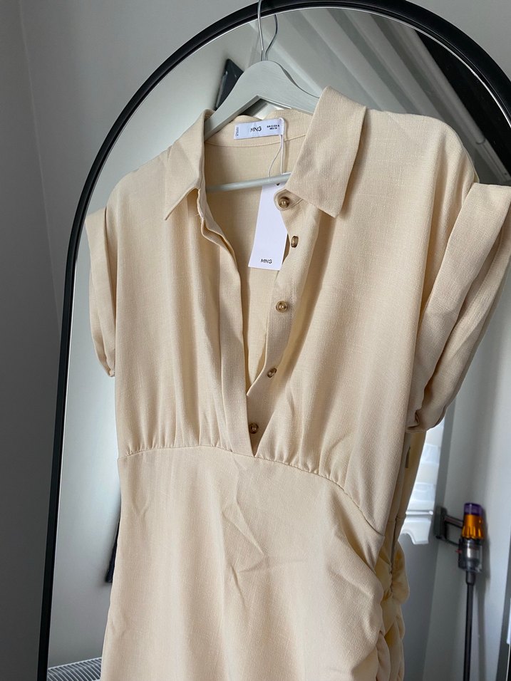 Bej Keten Drapeli V Yaka Uzun Elbise - Görsel 2