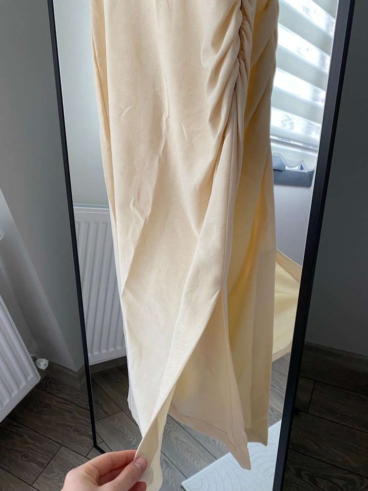 Bej Keten Drapeli V Yaka Uzun Elbise - Görsel 3