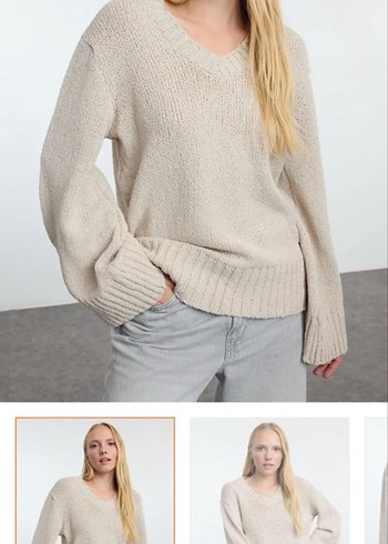 Bej V Yakalı Örgü Kadın Kazak - Görsel 3