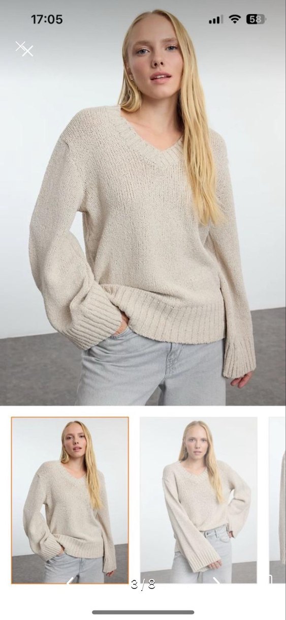 Bej V Yakalı Örgü Kadın Kazak - Görsel 3