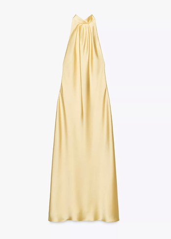 Zara Sarı Saten Halter Yaka Midi Elbise