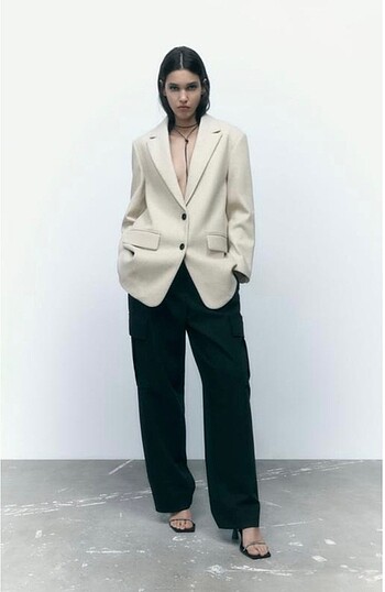 Zara Zara Bej Dokulu Oversize Blazer